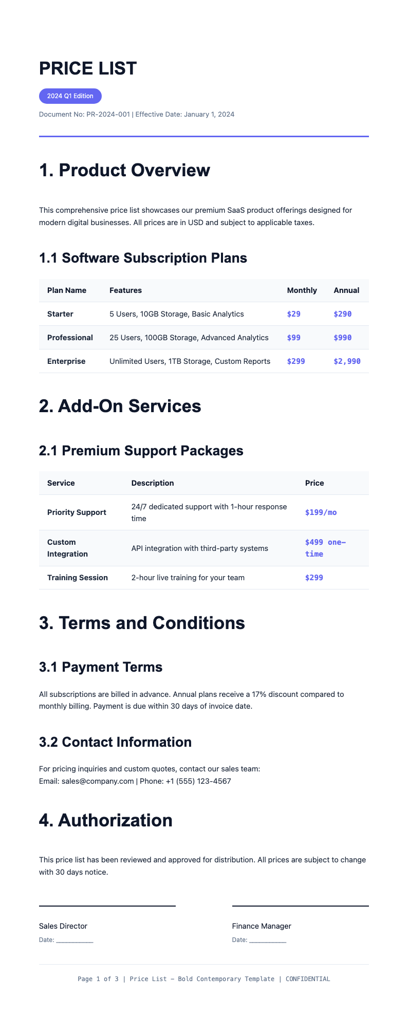 Bold Contemporary price list Template